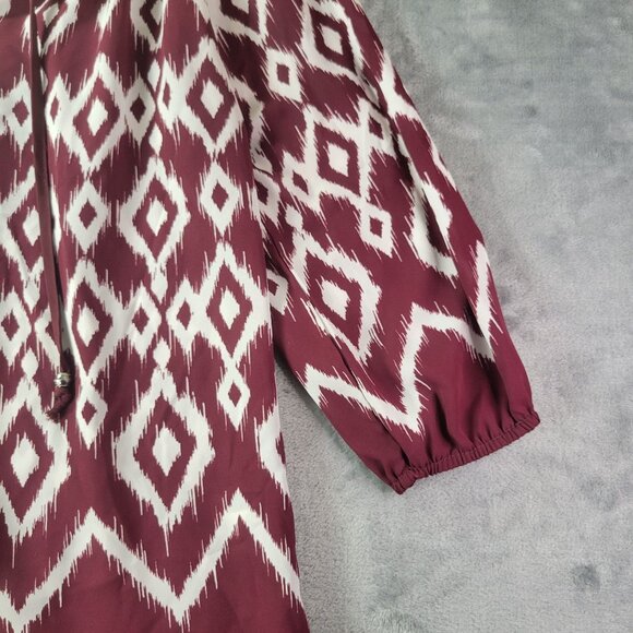 Jolt Womens Small Peasant Blouse Burgundy White Ikat Print Boho 3/4 Sleeve - Picture 3 of 10